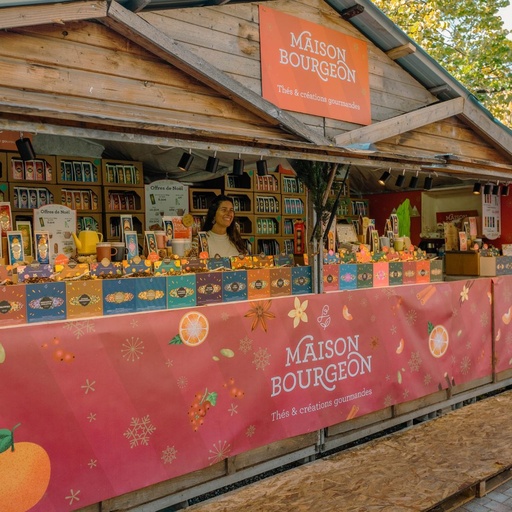 MDN - Chalet produits alimentaires non consommables sur place (conserves, épices, thés, etc...) (6m x 2,2m) avec auvent et portes amovibles sur le bas 